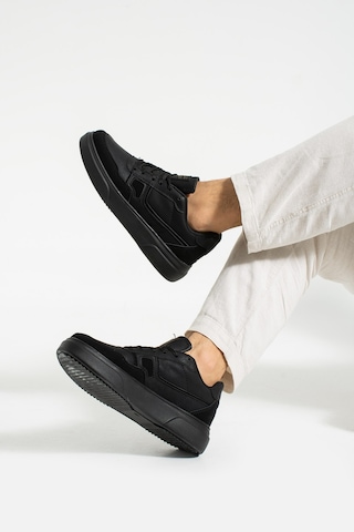 Günlük Erkek Sneaker Yüksek Kalın Tırtıklı Taban Bağcıklı Dikişli Yürüyüş Spor Ayakkabı 2029 Siyah - Siyah