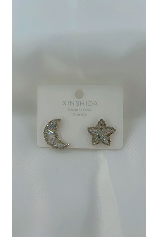 Kadın Ay Yıldız Model Küpe Gümüş Renk Gümüş