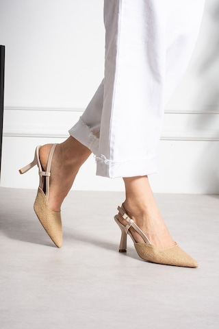Shoetek Garva Kadın Stiletto Yandan Bantlı Topuklu Ayakkabı Hasır Bej