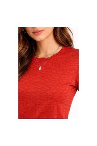 Efnaz Style Flam Kumaş Melanj Dokulu Regular Fit Tişört Bisiklet Yaka Yazlık T-shirt - Kiremit
