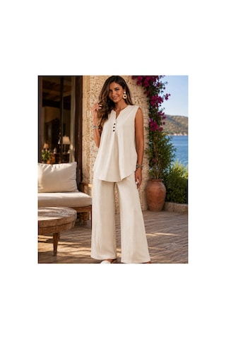 Unika Boutique Kadın Kısa Kollu Bürümcük Bluz Ve Pantolon Ikili Takım ekru