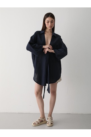 Lacivert Flam Keten Kimono Gömlek Lacivert