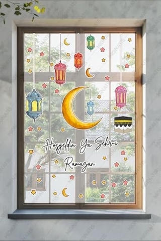 Hoşgeldin Ya Şehri Ramazan Duvar Ve Cam Sticker Seti, Ramazan Temalı Dekoratif Çıkartma, Hilal Kabe Fener Yıldız Çok Renkli