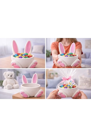 Tavşan Kulaklı Dekoratif Şekerlik Pembe Beyaz Bunny Tasarım Çikolata Kasesi Masaüstü Dekoratif