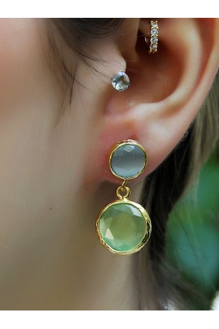 İkili Yuvarlak Modelli Kedigözü Cam Gold Kaplamalı Kadın Küpe Euku25by Yeşil