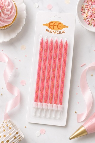 Pembe Gold Simli Uzun Pasta Mumu 17 Cm Karışık
