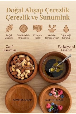 Kamptek Ahşap Çerezlik Set - Doğal Ahşap Meşe Sunum Kasesi Çerezlik Sunumluk Kase Çok Amaçlı Kahverengi