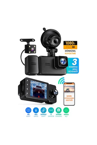 3 Kameralı Wifi Ekran Araç Kamerası Fullhd Geniş Ön + Arka + Araç İçi Kamera Hareket Sensörü Ef1313