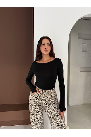 Elaxi Kadın Kayık Yaka Parmak Geçmeli Uzun Kollu Full Likralı Pamuk Viskon Buzzy Body Tişort Siyah
