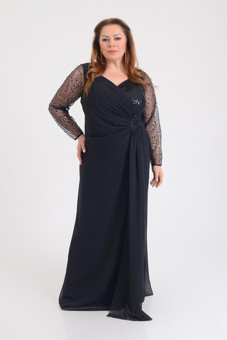 Lilas Xxl Kadın Büyük Beden Şifon Uzun Abiye Elbise 9651 Siyah Siyah