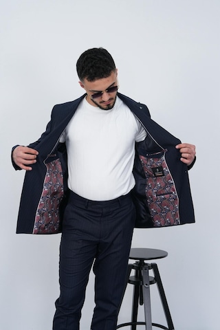 Dupont Classics Dupont Slim Fit Sivri Yaka 6 Drop Çift Yırtmaç Çizgili Viskon Kruvaze Erkek Takım Elbise Açık Lacivert