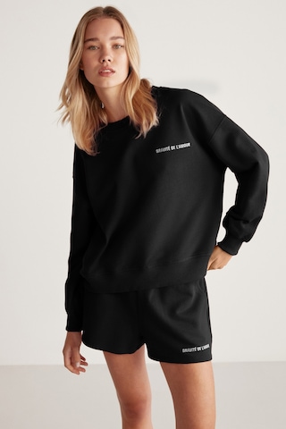 Grımelange Jennıfer Kadın Yumuşacık Nakış Detaylı Organik Pamuk Oversize Siyah Sweatshirt