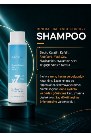 Kuru Saçlar İçin 7x Mineralli Şampuan Biotin, Keratin, Kafein, Aloe Vera, Yeşil Çay, Niacinamide, Hyaluronic Acid - 400 Ml