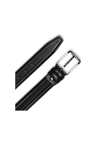 Mft Leather Hakiki Deri Kare Desen İşlemeli Klasik Tokalı Erkek Kemer , 3,5 Cm, Siyah 9049 Siyah