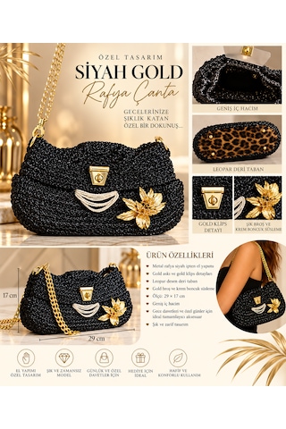 Firuloop Siyah Gold Metal Rafya Çanta