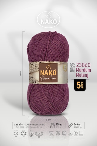 Süper İnci - 23860 Mürdüm Melanj- 5'li Paket - 100gr/260m - El Örgü İpi - Atkı Yelek Kazak İpi