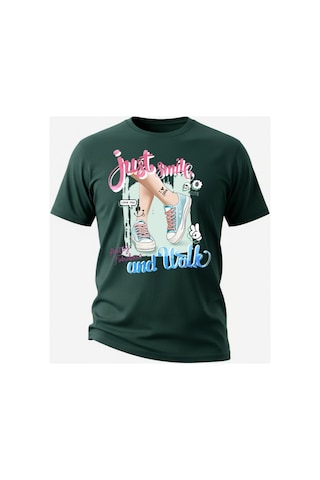 Urbantrendstore Just Smile And Walk Genç Kız Oversize Fit Rahat Geniş Salaş T-shirt Günlük Tişört Zümrüt Yeşili