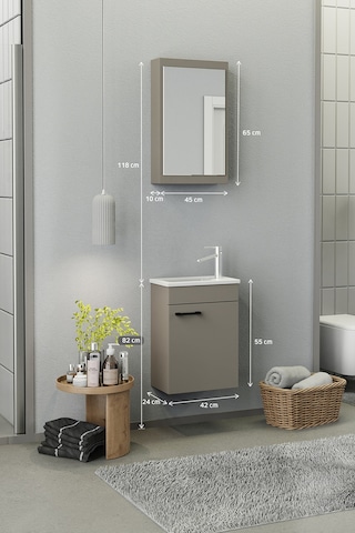 Biani Fix Loft Mini 42 Cm Banyo Dolabı,Seramik Lavabolu, Aynalı,Lavabo Dahil,Mdf,Latte