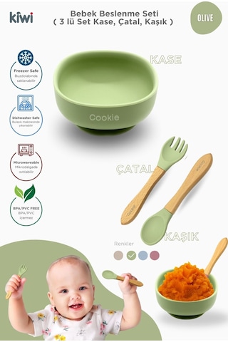 Kiwi 3 Parça Kase Çatal Kaşık Beslenme Seti - Doğal Silikon Bpa İçermez- Olive