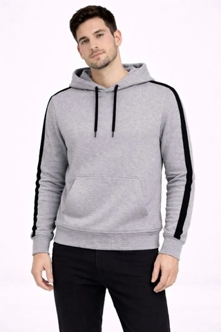Valensdesign Erkek Şeritli Kapüşonlu Sweatshirt Oversize 3 Iplik Pamuklu - Gri