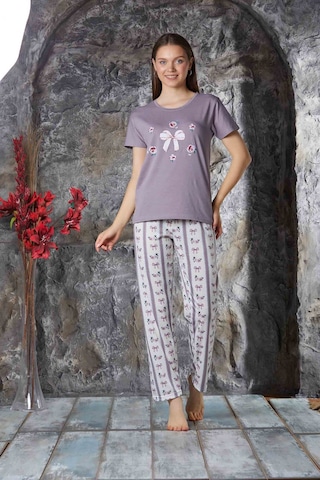 Lukitus Desenli Likralı Kısa Kol Kadın Pijama Takımı Mor