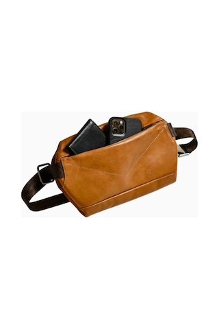 Ryoko S Pore Premium Full Grain Deri Sling Çapraz Vücut Çantası Çapraz Çanta Kahverengi 1