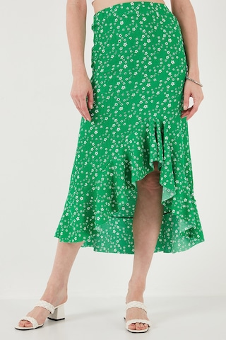 Lela Çiçek Desenli Regular Fit Volanlı Yüksek Bel Midi Boy Yırtmaçlı Bayan Etek 5869012 Yeşil