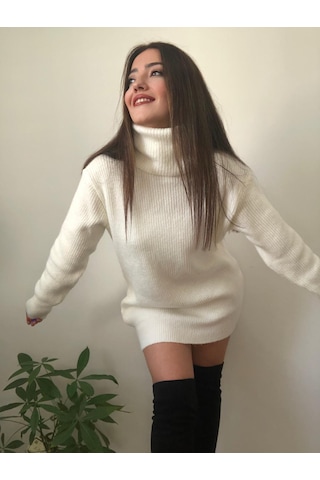Kadın Beyaz Balıkçı Yaka Selanik Örme Triko Kazak Tunik Krem