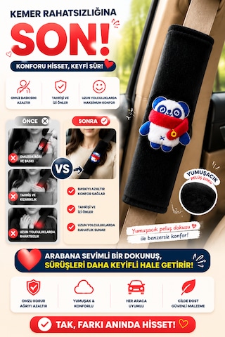 Panda Siyah Emniyet Kemeri Aksesuarı - Emniyet Kemeri Kılıfı-araç Emniyet Kemeri Omuz Koruyucu 1 Adet