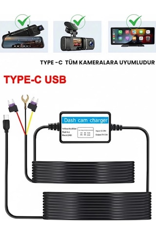 Park Modu Kablosu Type-c Akü Sigorta Bağlantı Kablosu Araç İçi Kamera Tüm Kameralara Uyumlu Najmaddin