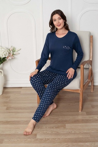 Kadın Bisiklet Yaka Düğmesiz Dökümlü Viskon Mevsimlik Uzun Kol Cepli Pijama Takımı Lacivert