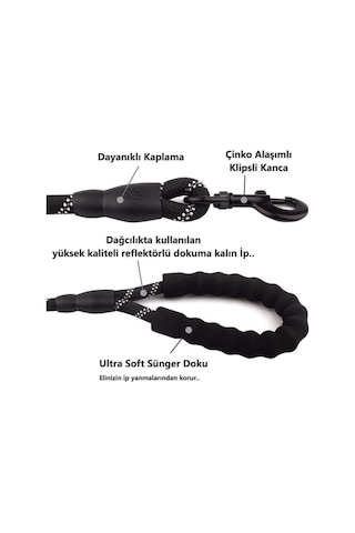 Köpekler İçin Gezdirme Tasması Reflektörlü 130 Cm Halat Orta Ve Büyük Boy Köpekler İçin Siyah