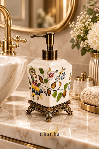 Chacha Home Aurelia Seramik Sıvı Sabunluk 470 Ml Antik Bronz Görünümlü Ayaklı Ve Pompalı 22 Cm Çok Renkli
