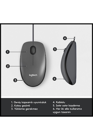 Logıtech 910-006652, M100 Siyah, Usb Kablolu, 1000dpi, Optik, 3 Tuşlu, Mouse Diğer