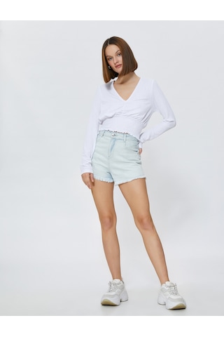 Koton Gipeli Crop Bluz V Yaka Uzun Kollu Beyaz 3sak80105ek