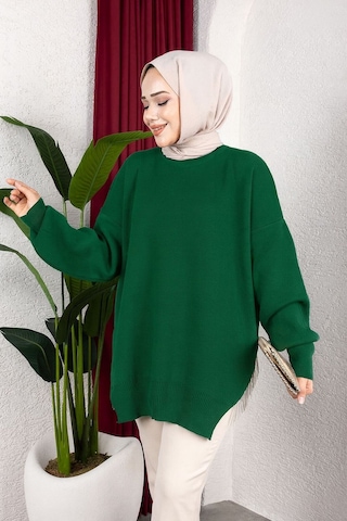 Hira Life Fashion Kadın Testtür Giyim Bisiklet Yaka Yırtmaçı Taşlı Ve Balon Kollu Oversize Şık Triko Tunik Yeşil Yeşil