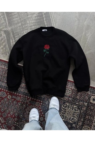 Alyn Wear Oversize Üç İplik Bisiklet Yaka Baskılı Sweatshirt - Siyah