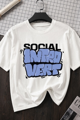 Spoyi Sosyal Introvert Tasarımlı %100 Pamuk Yarım Oversize Beyaz T-lhirt