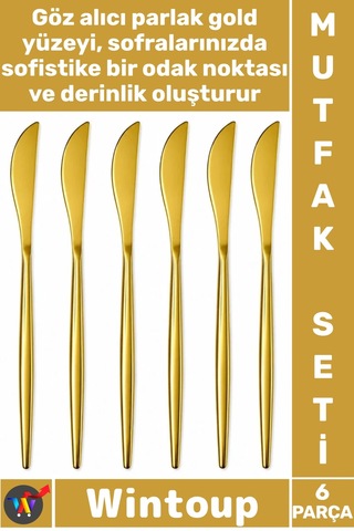 Bıçak Lüks Parlak Tasarım Şık Sofra Sunum 21 Cm Paslanmaz Çelik Gold Renk 6 Parça Yemek Bıçağı Seti