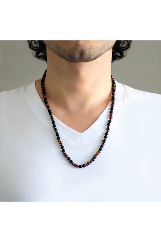 Gümüşhediyeal Makrome Örgülü Oniks-Akik-Hematit Kombinli Doğaltaş Erkek Kolye Lacivert