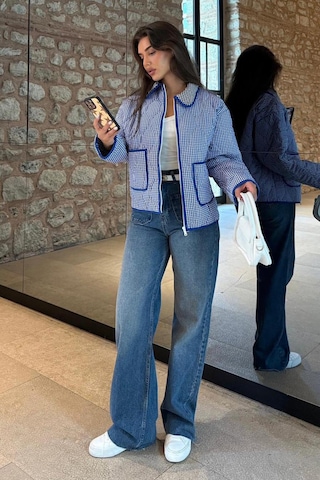 Mavi Pötikareli Cepli Kadın Mont Mg2488 Mavi