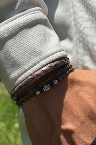 Doğal Taşlı Yılan Derisi Desenli El İşçiliği İle Üretilmiş Hakiki Deri Erkek Bileklik Kahverengi - Siyah