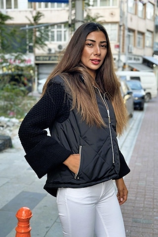 Keyifli Moda Kadın Siyah Dik Yaka Kolları Triko Cepleri Fermuarlı Şişme Mont - 42 Siyah