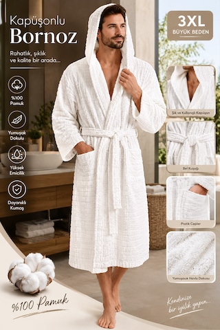 Slc Home %100 Pamuk 2xl / 3xl Büyük Beden Bornoz Kapüşonlu Beyaz