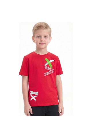 Panios Kids White Yazı Baskılı Yuvarlak Yaka Kısa Kollu Erkek Çocuk Yazlık Tişört Kırmızı
