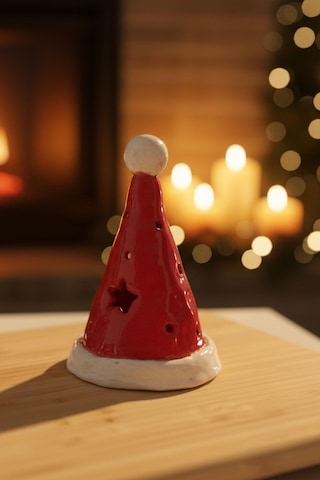 Noel Şapka Seramik Mumluk- Orta Çok Renkli
