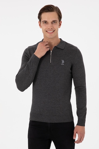 U.S. Polo Assn. Erkek Slim Fit Yarım Fermuarlı Antrasit Melanj Basic Kazak 50297066-VR081