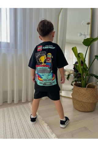 Miniko Kids Erkek Çocuk Legoo Modelli Baskılı Şortlu Pamuk Takım Siyah
