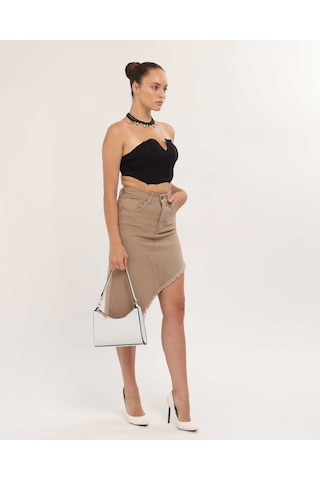 Shevega Kadın Krem Etek Püskül Asimetrik Kesim Keten Etek Krem