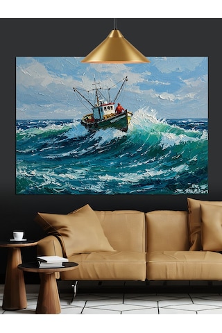 Fırtınalı Denizde Sallanan Tekne Dekoratif Kanvas - Mdf Ahşap Tablo